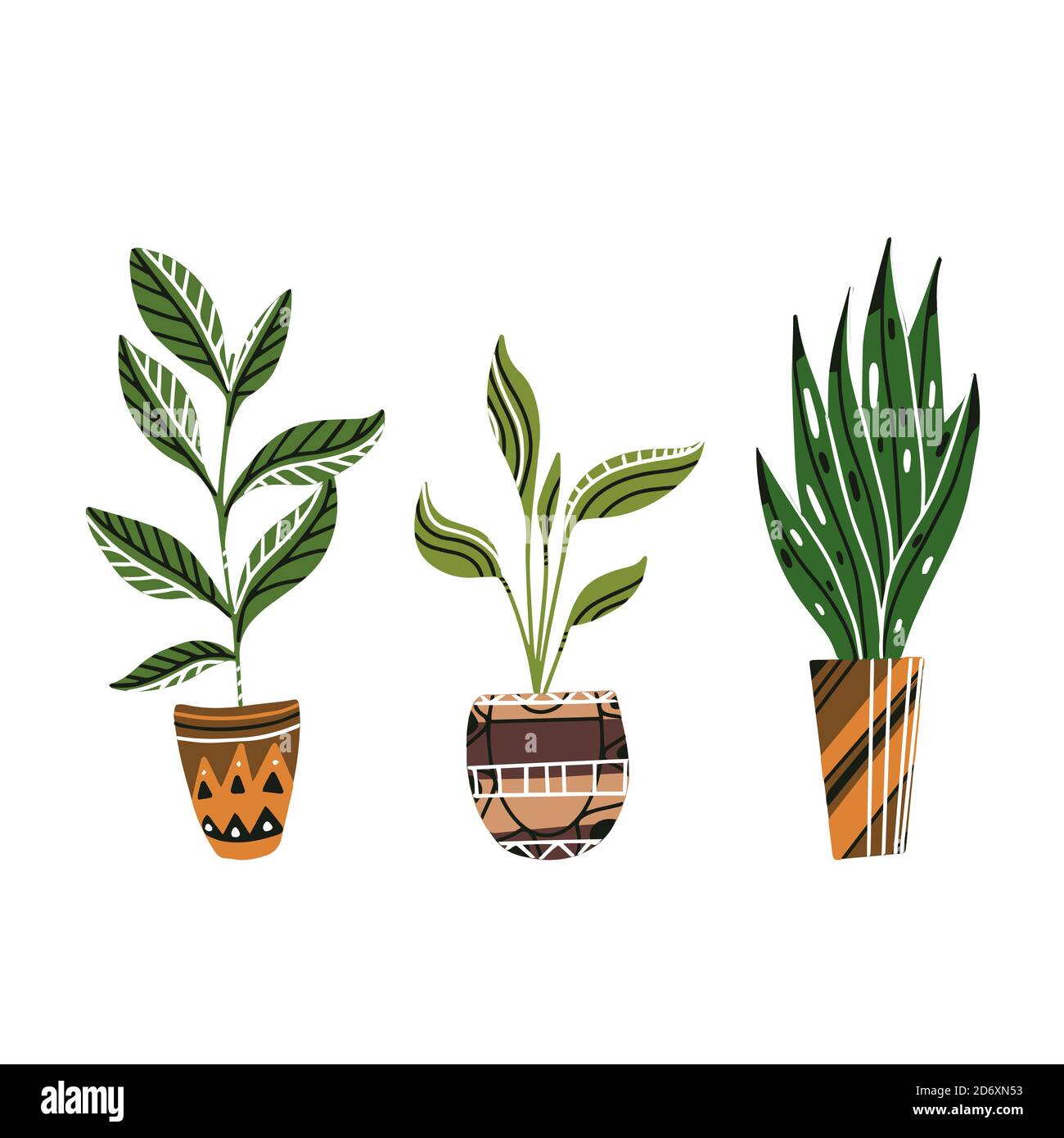 Set von bunten flachen Haus Pflanzen in Töpfen mit Dekorationen. Aloe und Ficus. Boho-Stil. Vektor Doodle Element für Karte, Pins, Aufkleber, Karte und Ihre c Stock Vektor