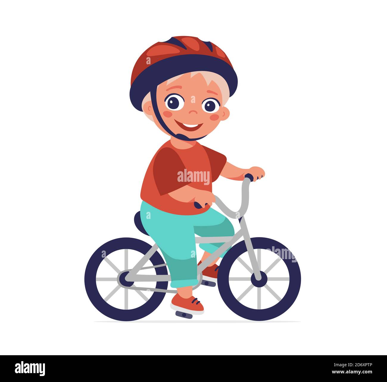 Der Junge fährt mit dem Fahrrad. Sicheres Reiten, Helmeinsatz, Sport und Hobbys, gesunder Lebensstil. Cartoon-Vektor-Charakter auf weißem Hintergrund isoliert Stock Vektor