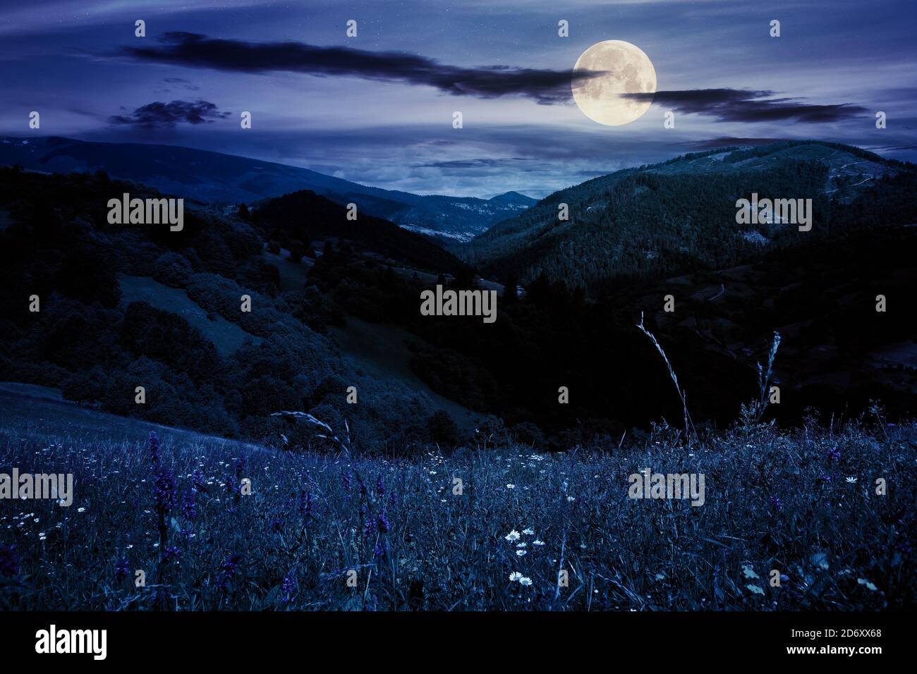 Sommerlandschaft in den Bergen bei Nacht. Erstaunliche Landschaft mit Kräutern in Feldern auf sanften Hügeln im Vollmondlicht. Wolken auf dem blauen Himmel über der DIS Stockfoto
