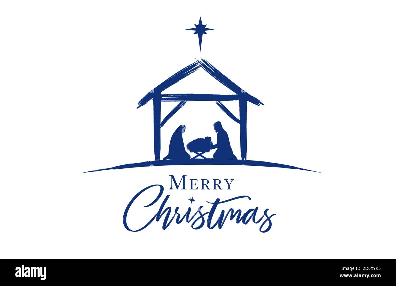 Weihnachtsszene des Jesuskindes in der Krippe mit Maria und Josef in Silhouette, umgeben von Stern. Christliche Geburt mit Text Frohe Weihnachten, vect Stock Vektor