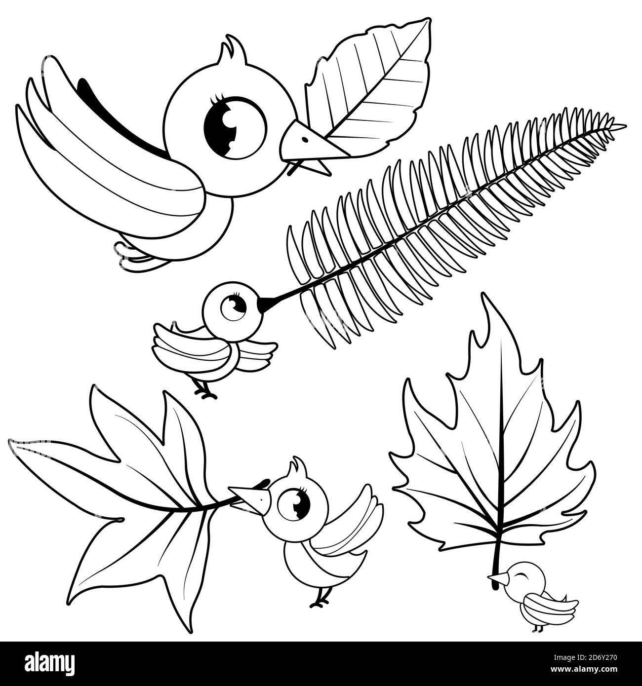 Niedliche Vögel mit trockenen Herbstblättern. Schwarz-Weiß-Malseite Stockfoto
