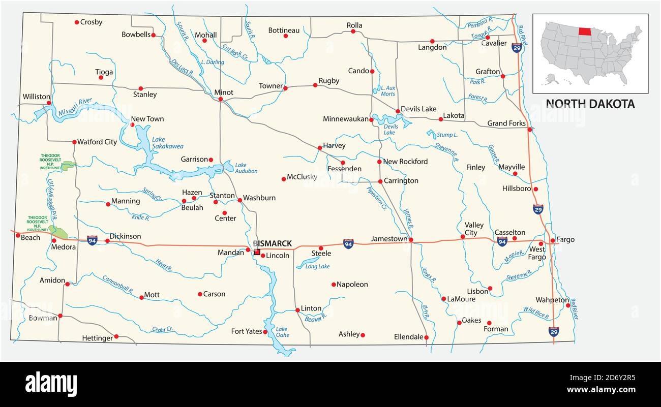 Straßenkarte des US-amerikanischen Staates North dakota Stock Vektor