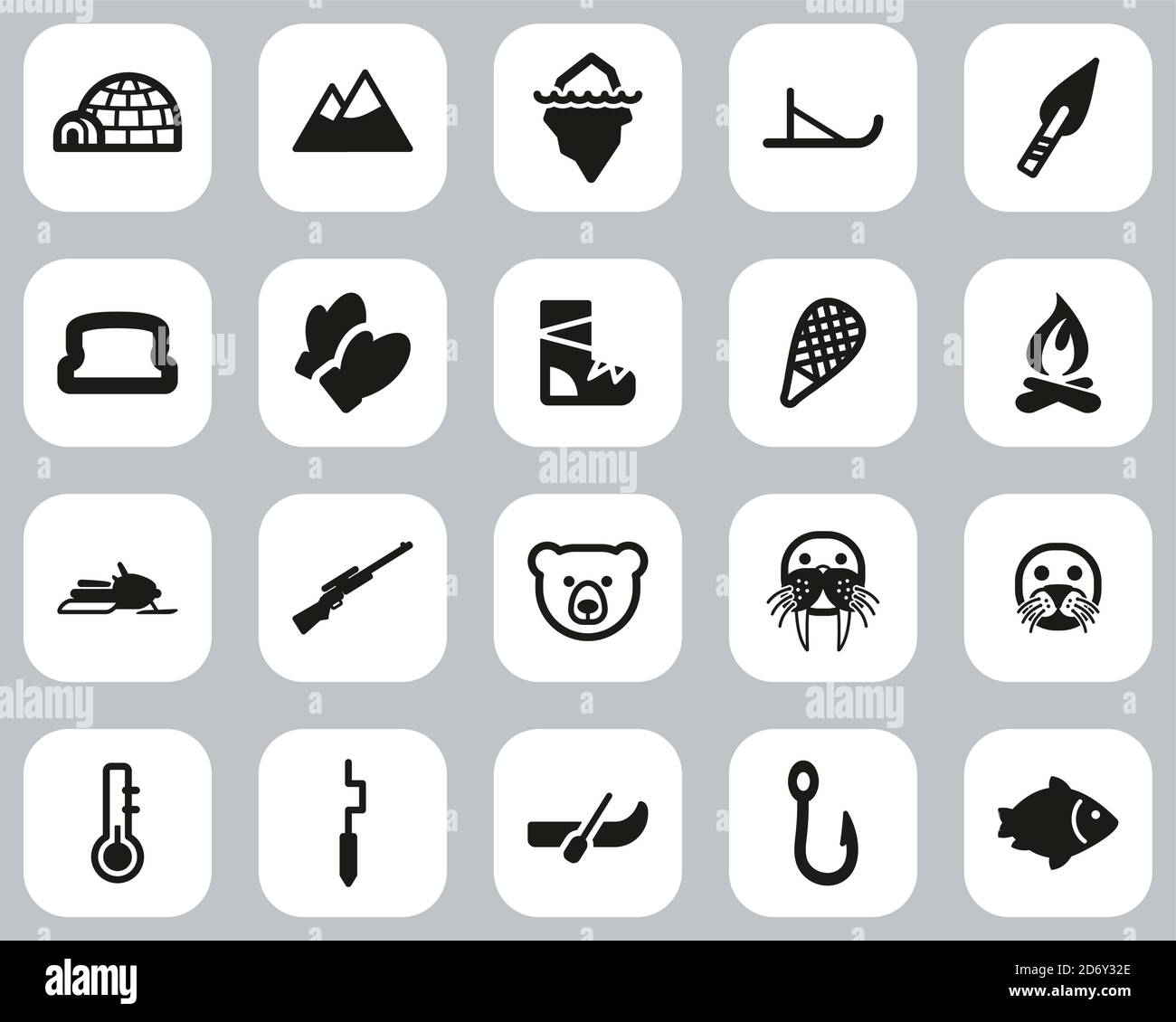 Eskimo Kultur & Tools Icons Schwarz-Weiß Flat Design Groß Einstellen Stock Vektor