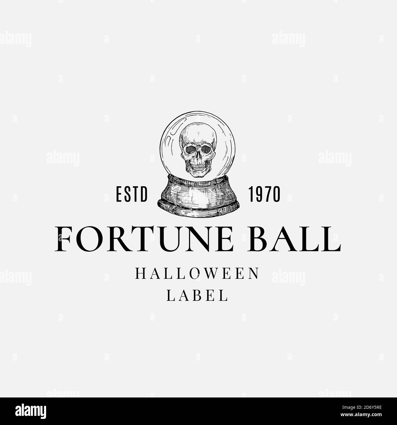 Halloween Logo oder Label Vorlage. Handgezeichneter Magic Crystal Fortune Prediction Ball mit Scullskizze-Symbol und Retro-Typografie. Stock Vektor