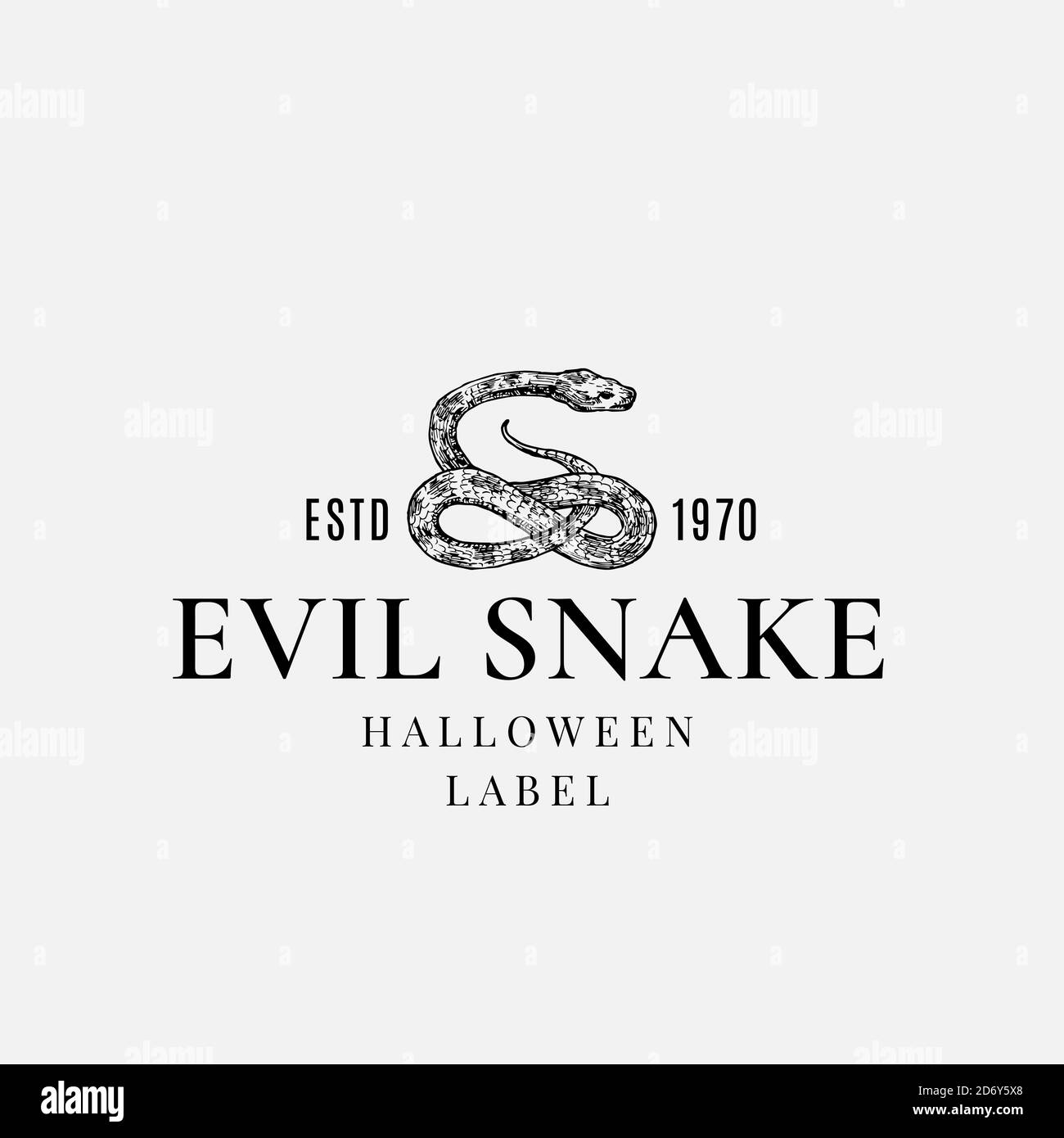 Halloween Logo oder Label Vorlage. Handgezeichnetes Snake Sketch Symbol und Retro Typografie. Stock Vektor