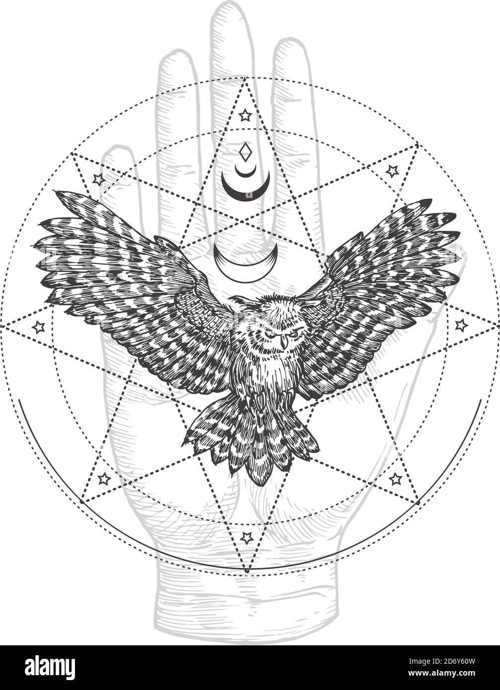 Abstraktes Okkult-Symbol, Vintage-Logo oder Tattoo-Vorlage. Handgezeichnete fliegende schwarze Eule und Handfläche Hand Skizze Symbol und geometrische mystische Magie Stock Vektor