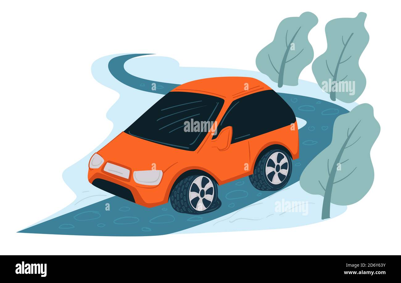 Auto auf vereister Straße, Autofahren im Winter Stock Vektor