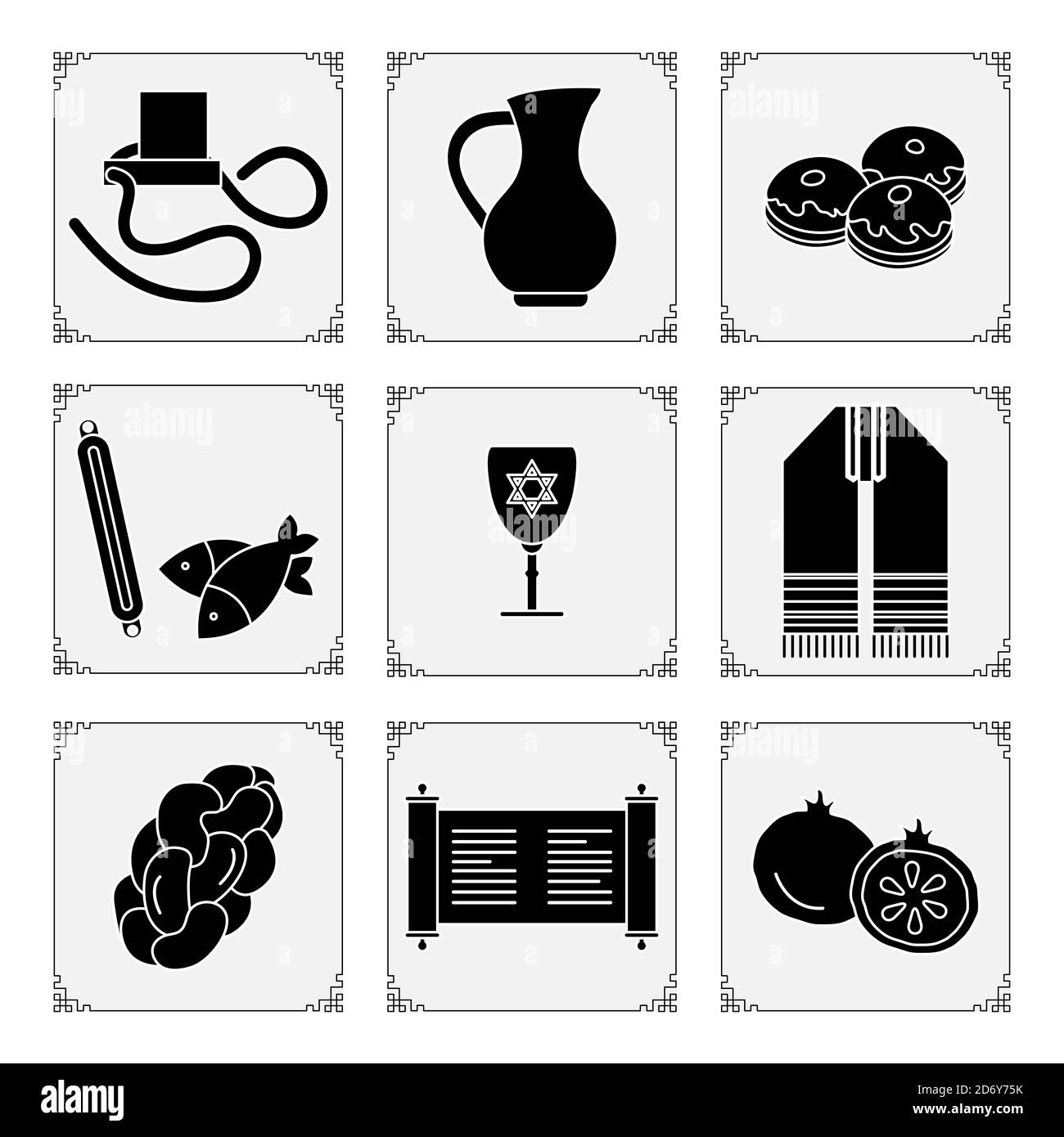 Vektor-Illustration Jüdische Feiertag traditionelle Symbole Tora-Rolle, Tefillin, Krug mit Öl, Fisch, Donuts, Judäa's rituelle Kleidung, Granatapfel, challah Stock Vektor