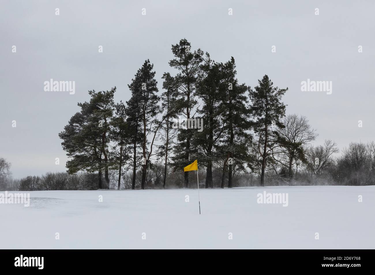 Gelbe Flagge auf einem schneebedeckten Golfplatz Stockfoto