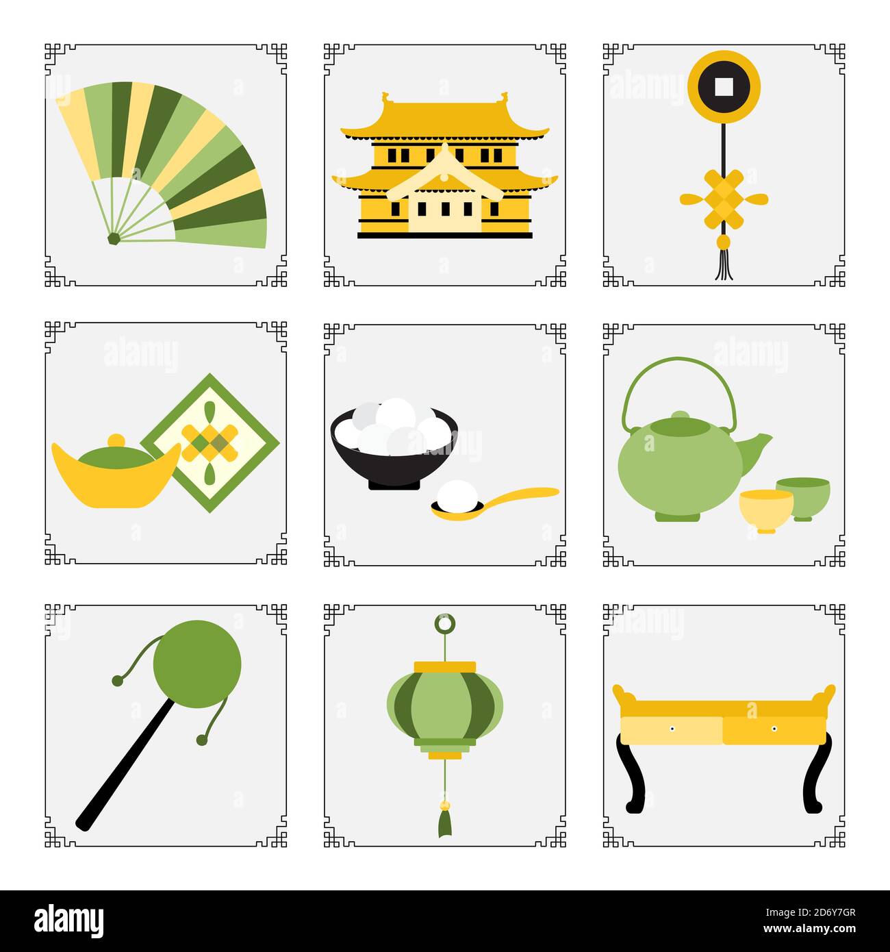 Symbole des chinesischen Neujahrs 2021 Vektor-Illustration Chinesische Laterne, Rassel, Ingot, Lebensmittel süß Reisbälle tangyuam, Münze, Teekanne, Tassen, Tisch, ca. Stock Vektor