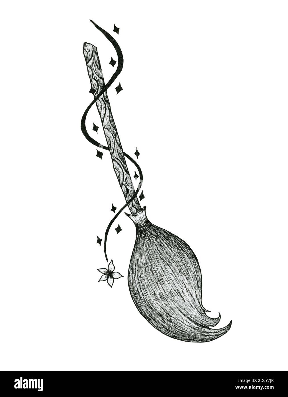 Halloween-Kunst mit Zauberbeer isoliert auf weiß, handgezeichnete Halloween-Illustration mit Cartoon magischen Besen, magische Tinte Kunst und Halloween-Konzept Stockfoto