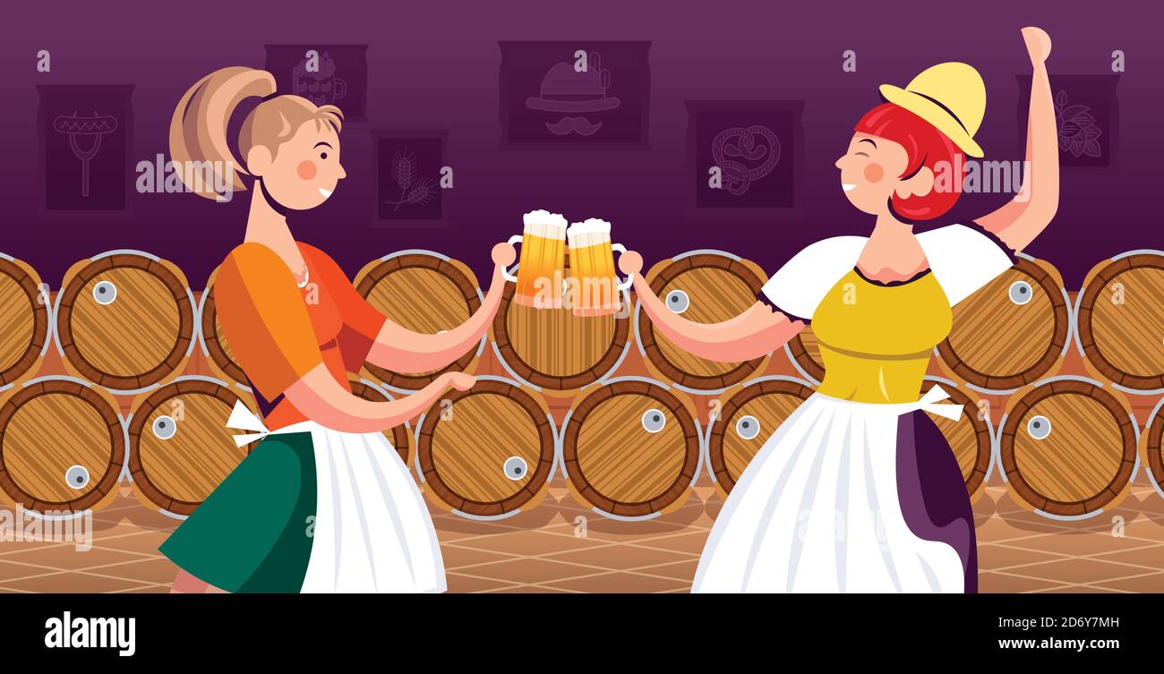 Frauen in traditionellen Kleidern Bier trinken Feier Oktoberfest Party Freunde Mit Spaß Porträt horizontale Vektor Illustration Stock Vektor