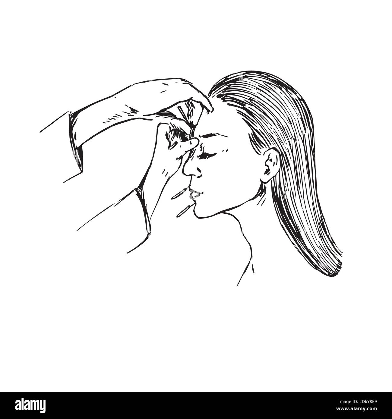 Arzt legen Akupunkturnadeln in schöne Frau Gesicht, handgezeichnete Doodle, Skizze im Pop-Art-Stil, schwarz-weiß medizinische Illustration Stockfoto