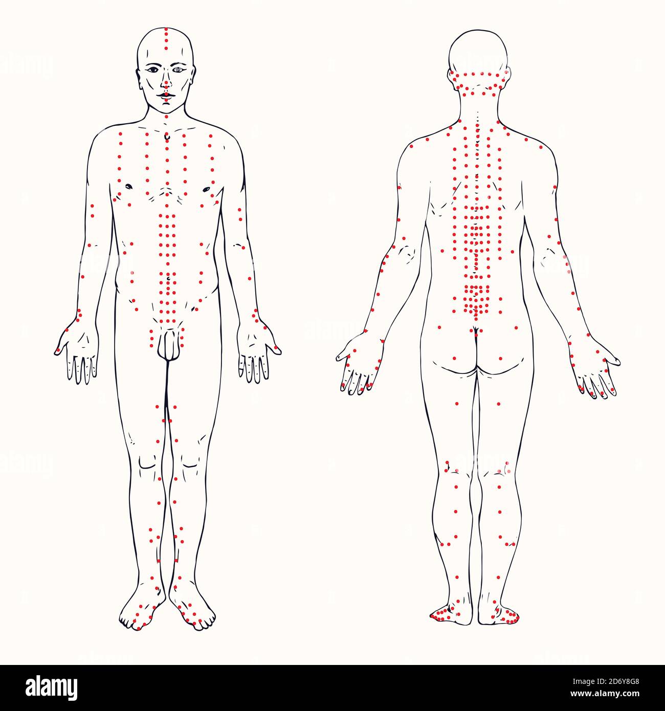 Body Set (vorne und hinten) Akupunkturschema mit roten Punkten, handgezeichneter Doodle, Skizze im Pop Art Stil, schwarz-weiße medizinische Illustration Stockfoto