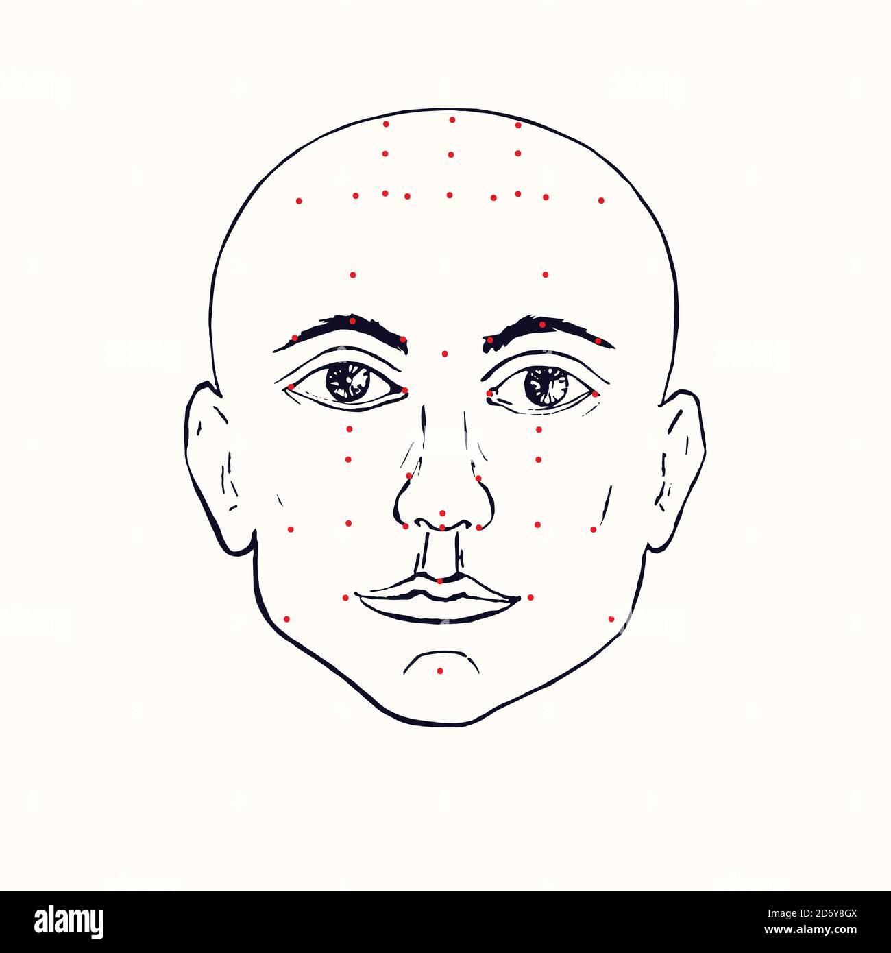 Gesicht (vorne) Akupunktur Schema mit roten Punkten, handgezeichnete Doodle, Skizze im Pop Art Stil, schwarz-weiß medizinische Illustration Stockfoto