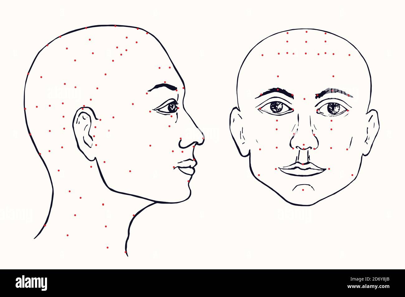 Face Set (Profil und Vorderseite) Akupunktur Schema mit roten Punkten, handgezeichnete Doodle, Skizze in Pop Art Stil, schwarz-weiß medizinische Illustration Stockfoto