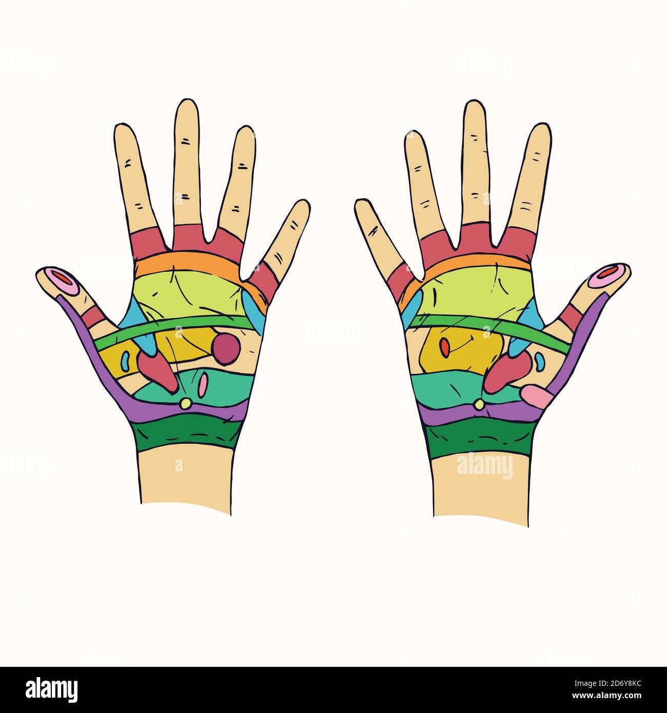 Handreflexzonenmassage mit farbigen Zonen, handgezeichneter Doodle, Skizze, medizinische Farbdarstellung Stockfoto