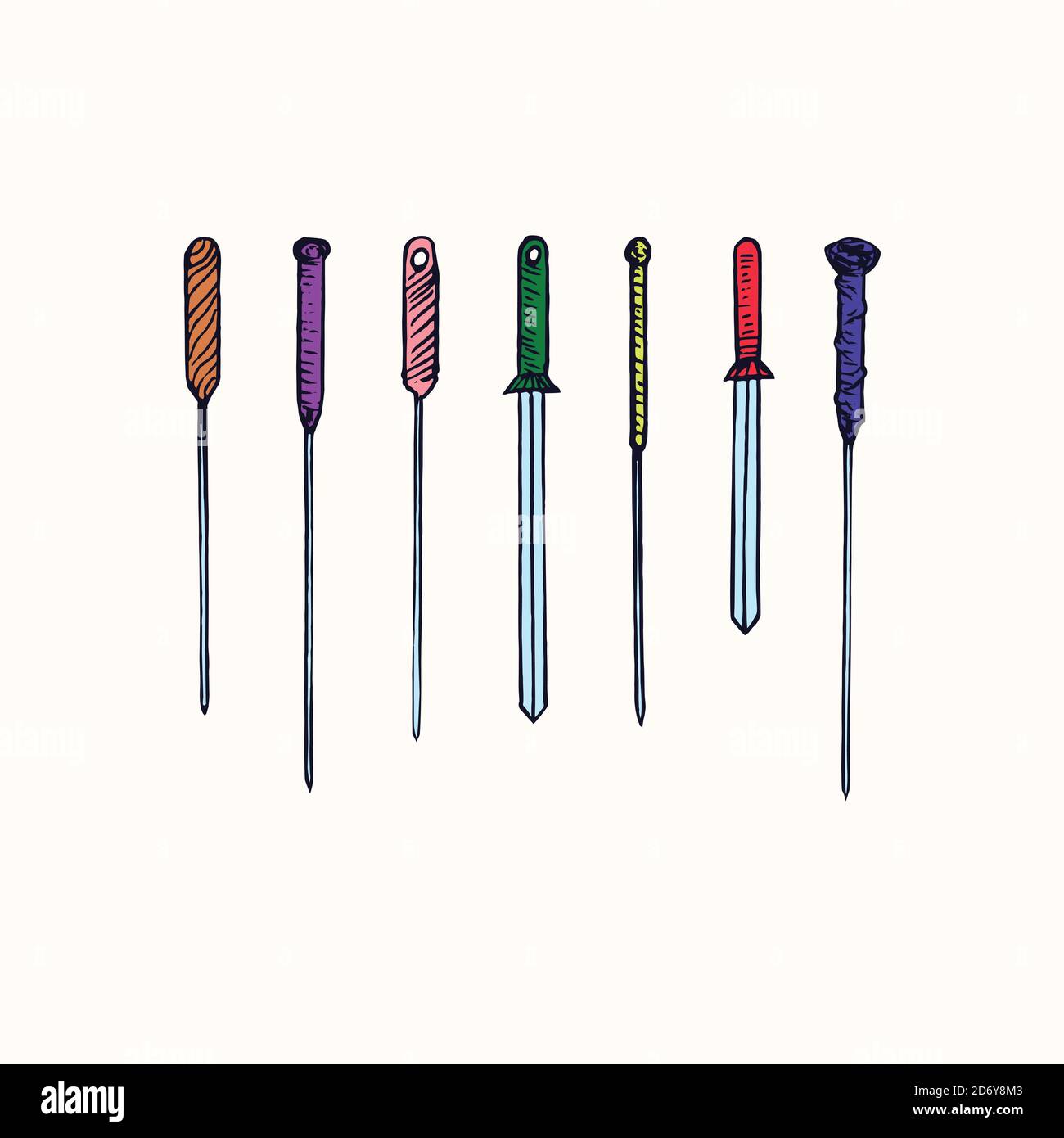 Akupunkturnadeln Satz von verschiedenen Arten und Farben, handgezeichnete Doodle, Skizze, Farbe Vektor Illustration Stockfoto