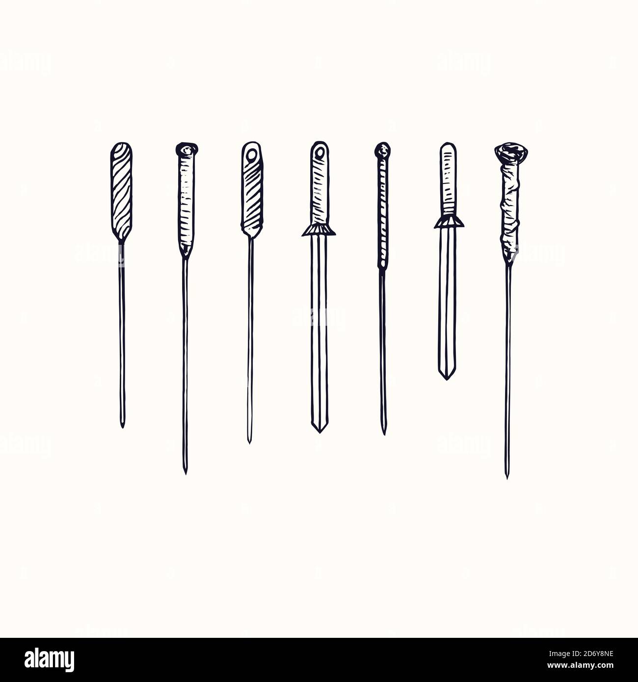 Akupunkturnadeln Satz von verschiedenen Arten, handgezeichnete Doodle, Skizze, schwarz-weiß Umrissdarstellung Stockfoto