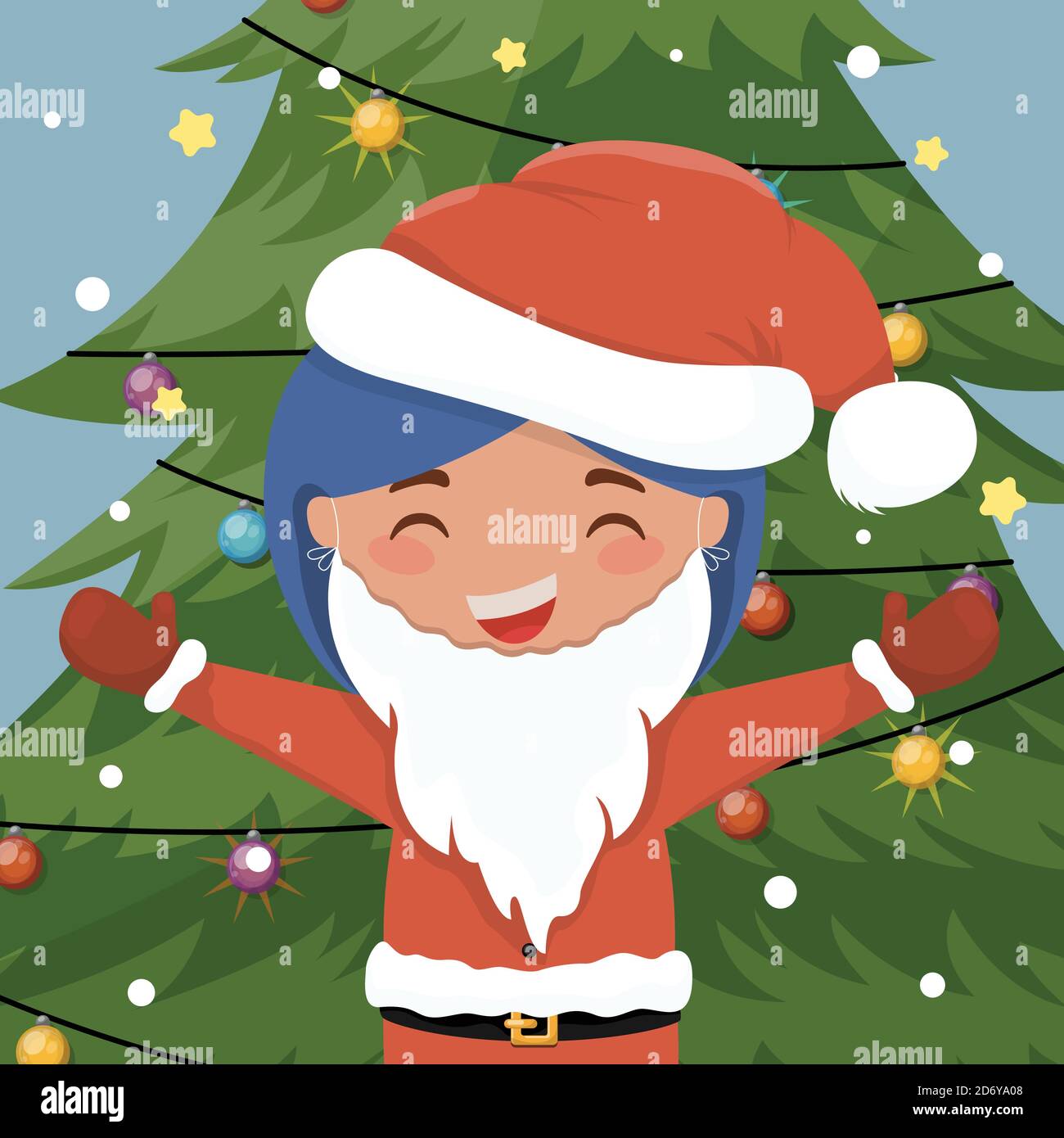 Cute Cartoon Weihnachten Illustration mit weihnachtsbaum und nettes Mädchen trägt weißen Bart. Vektorgrafik. Stock Vektor