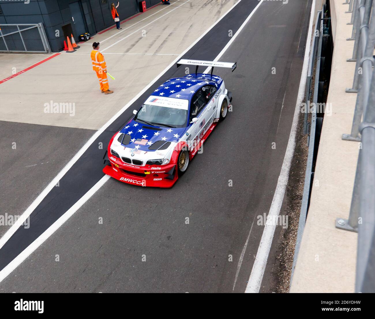 Luftaufnahme von Steve Soper mit einem BMW M3 GTR Während der Aston Martin Trophy für Masters Endurance Legends bei Der Silverstone Classic 2019 Stockfoto