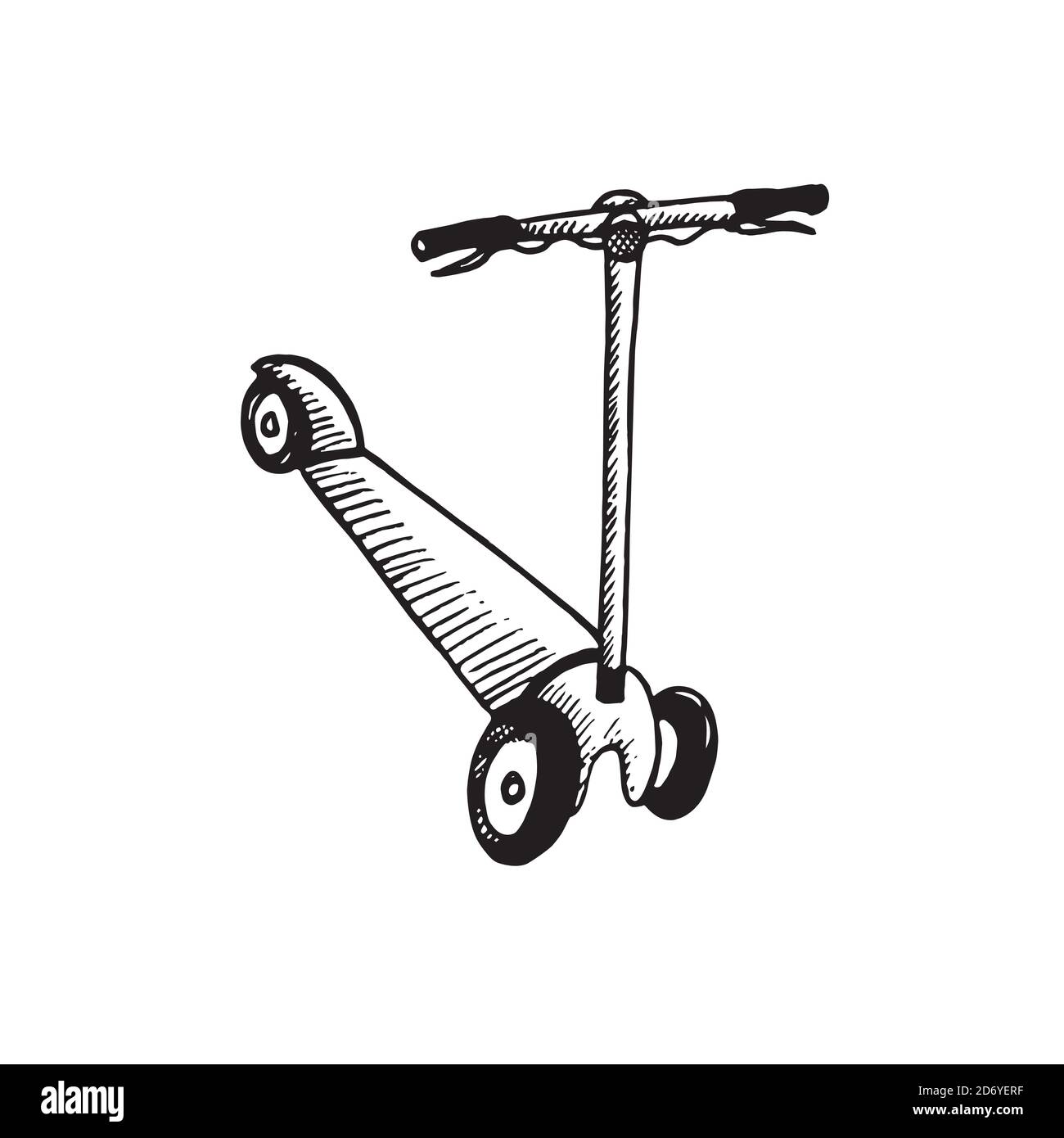 Kick Scooter, handgezeichneter Doodle, Skizze, schwarz-weiße Umrissdarstellung Stockfoto