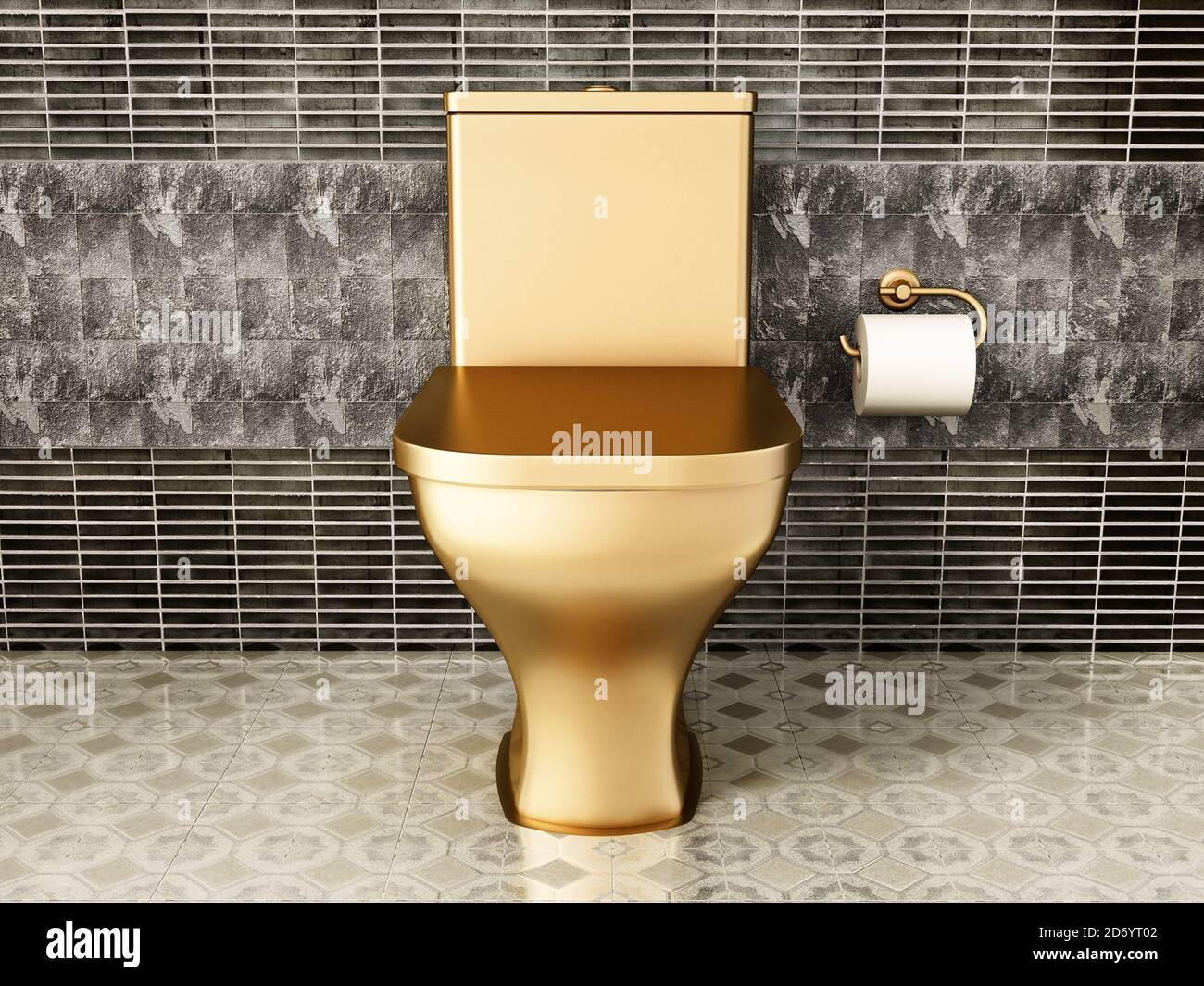 Goldene Toilette im Luxus-Badezimmer. 3D-Illustration. Stockfoto