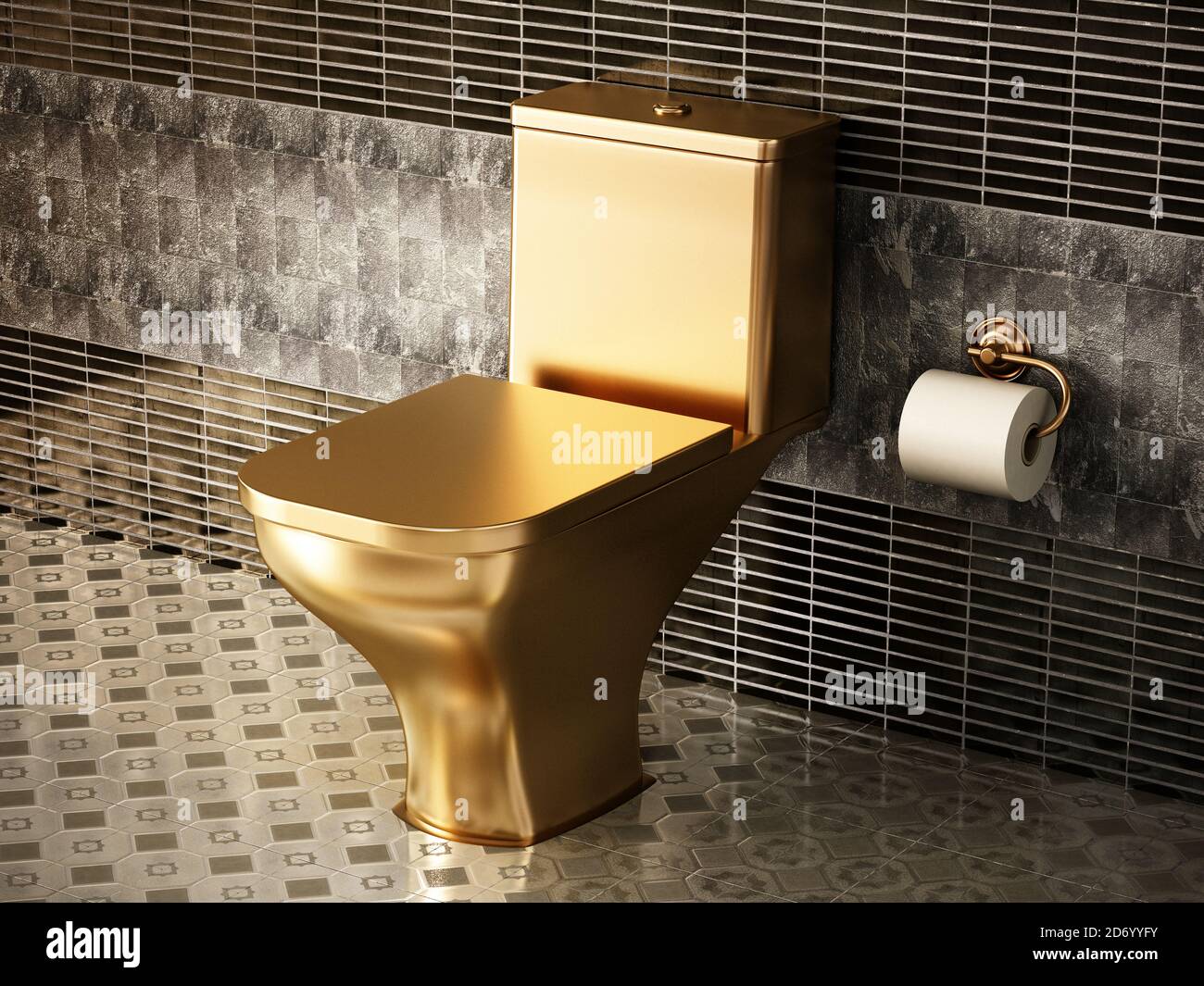 Goldene Toilette im Luxus-Badezimmer. 3D-Illustration. Stockfoto