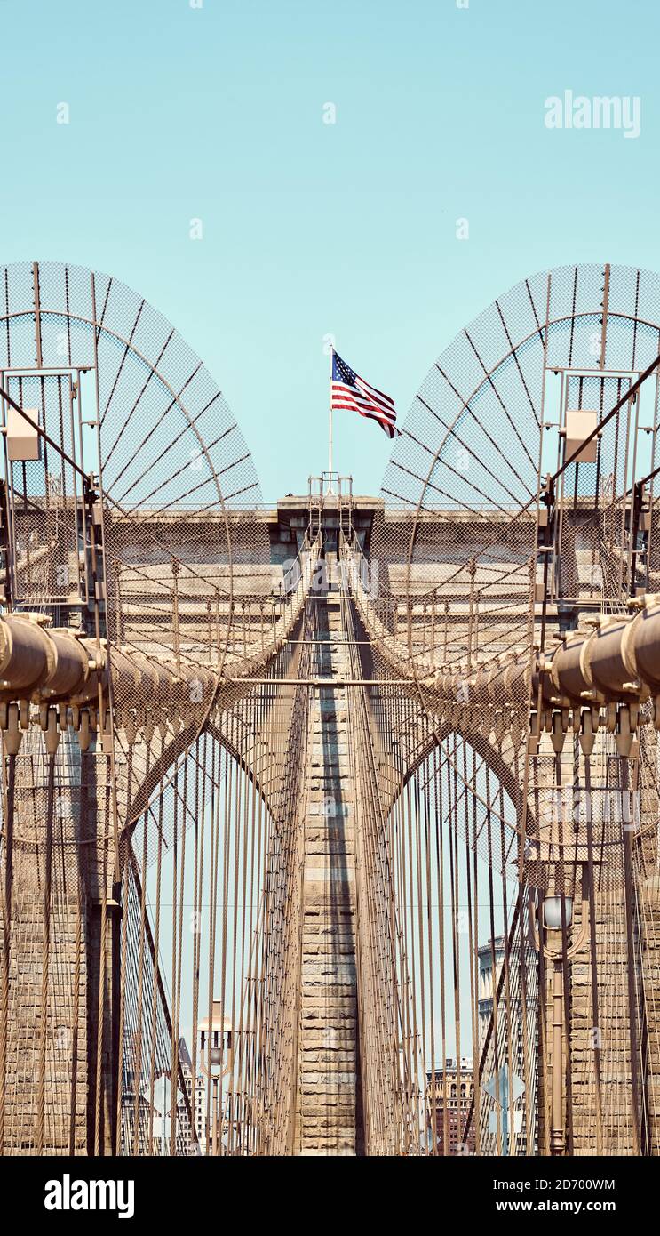 Nahaufnahme der Brooklyn Bridge, New York City, USA. Stockfoto