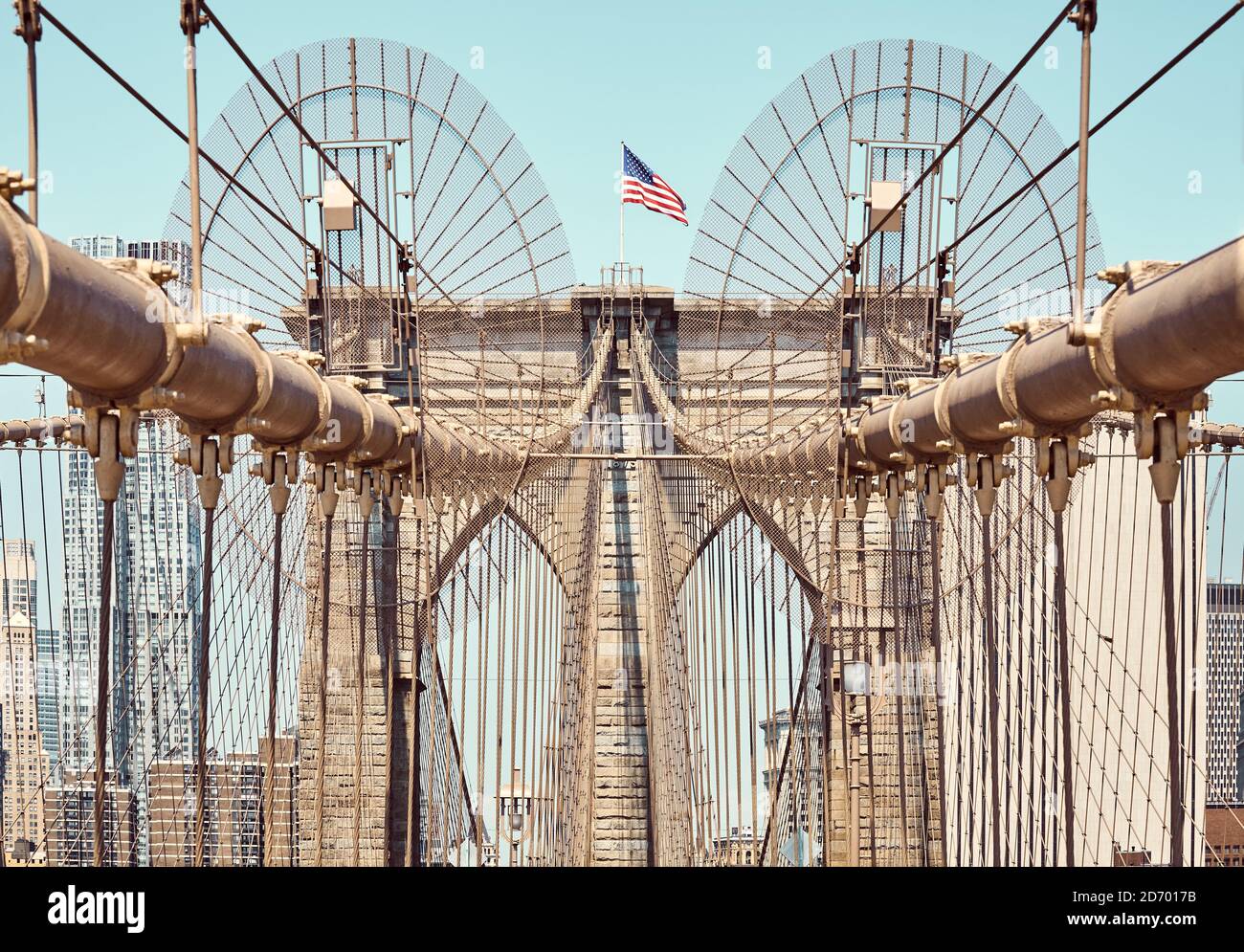 Nahaufnahme der Brooklyn Bridge, New York City, USA. Stockfoto