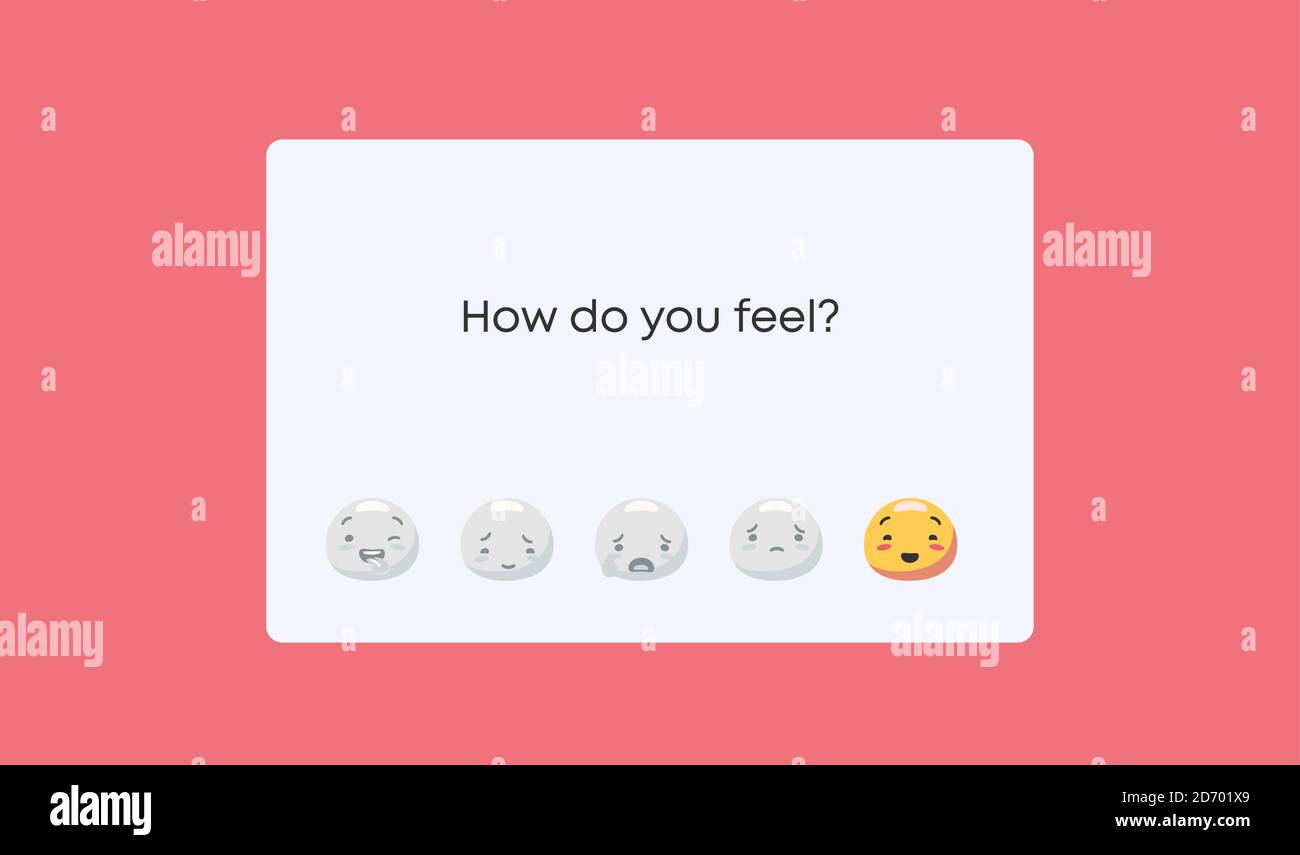 Wie fühlen Sie sich Stimmungsmesser. Emotionale Wahrnehmung Bewertung von lustigen Smiley zu traurigen eine benutzerdefinierte Service. Stock Vektor