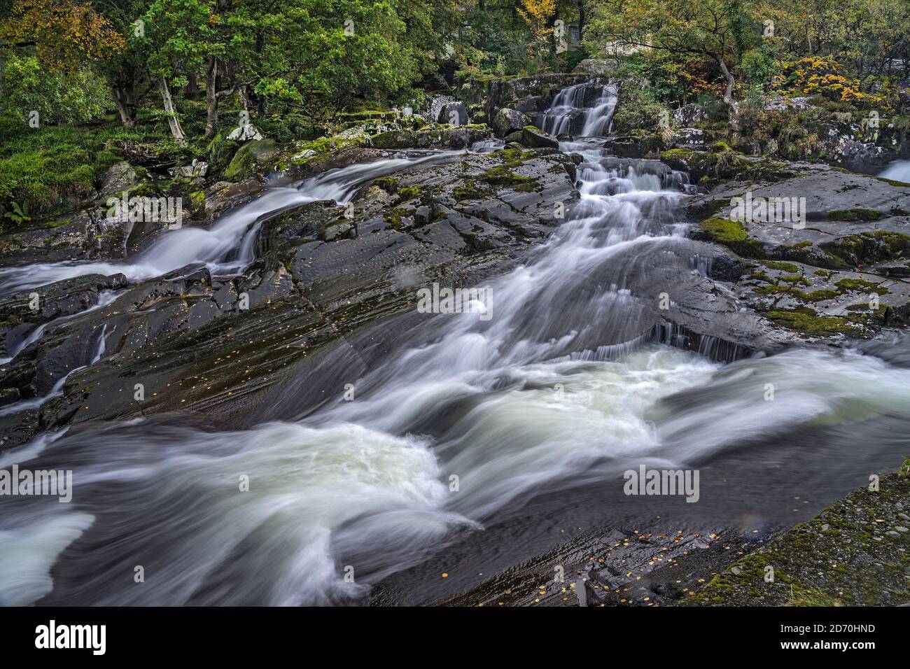 Fluss (Afon) Ogwen fließt über Felsen bei Ogwen Bank in der Nähe Bethesda North Wales Großbritannien Oktober 2019 1807 Stockfoto