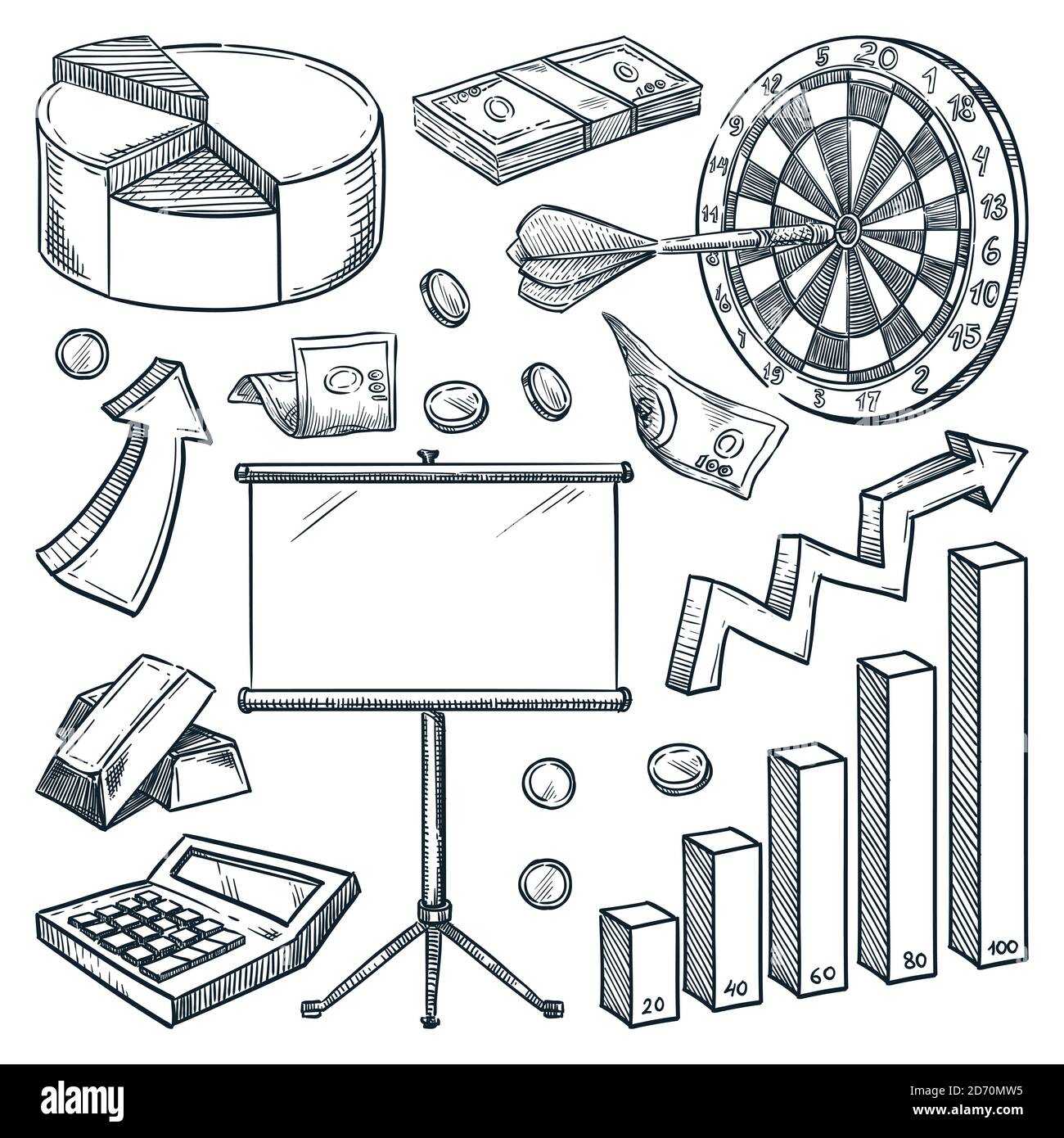 Symbole für Investitionen und Finanzunternehmen auf weißem Hintergrund isoliert. Von Hand gezeichnete Vektorzeichnungen. Infografik Handel und Marketing Design Stock Vektor