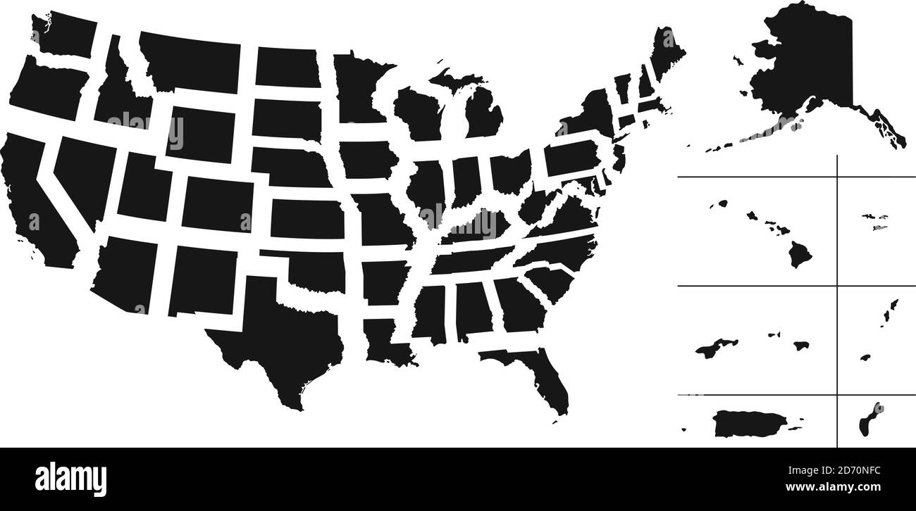Satz von getrennten amerikanischen Staaten. Geteilte USA-Karte. Alle Länder werden im Ebenenbedienfeld benannt Stock Vektor
