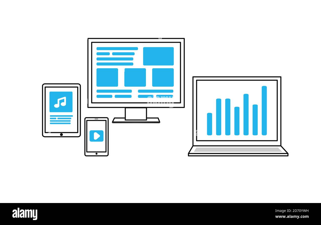 Vector Icons elektronische Geräte. Smartphone, Tablet, Laptop und Desktop-Computer. Dünne lineare Symbol schwarz mit blau. Stock Vektor