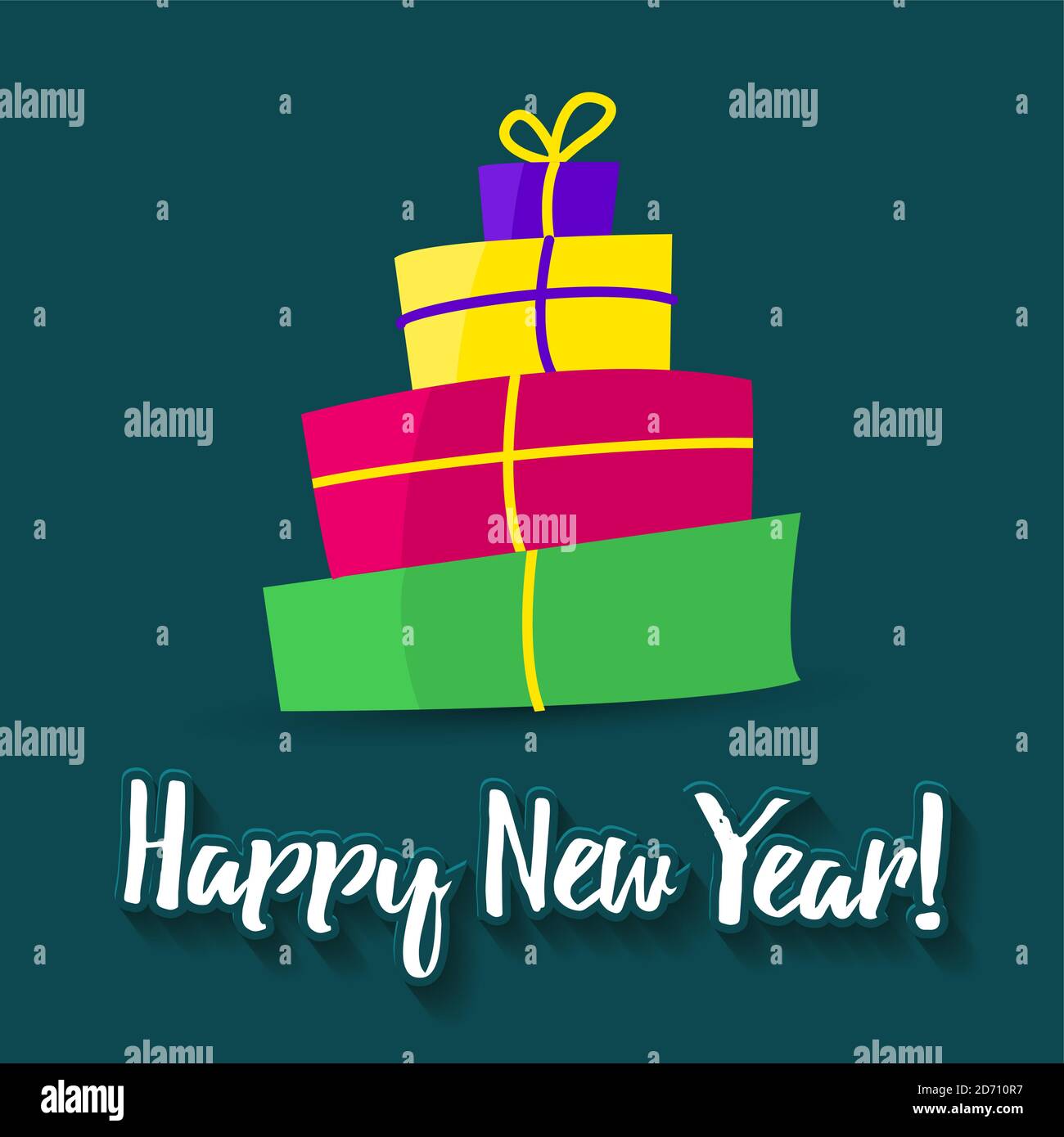 Poster Happy New Year Grußkarte Vorlage. Ein Stapel von Schachteln mit farbigen Geschenken auf dunklem Hintergrund. Kann für Karten für Weihnachten oder Geburtstag verwendet werden. Stock Vektor
