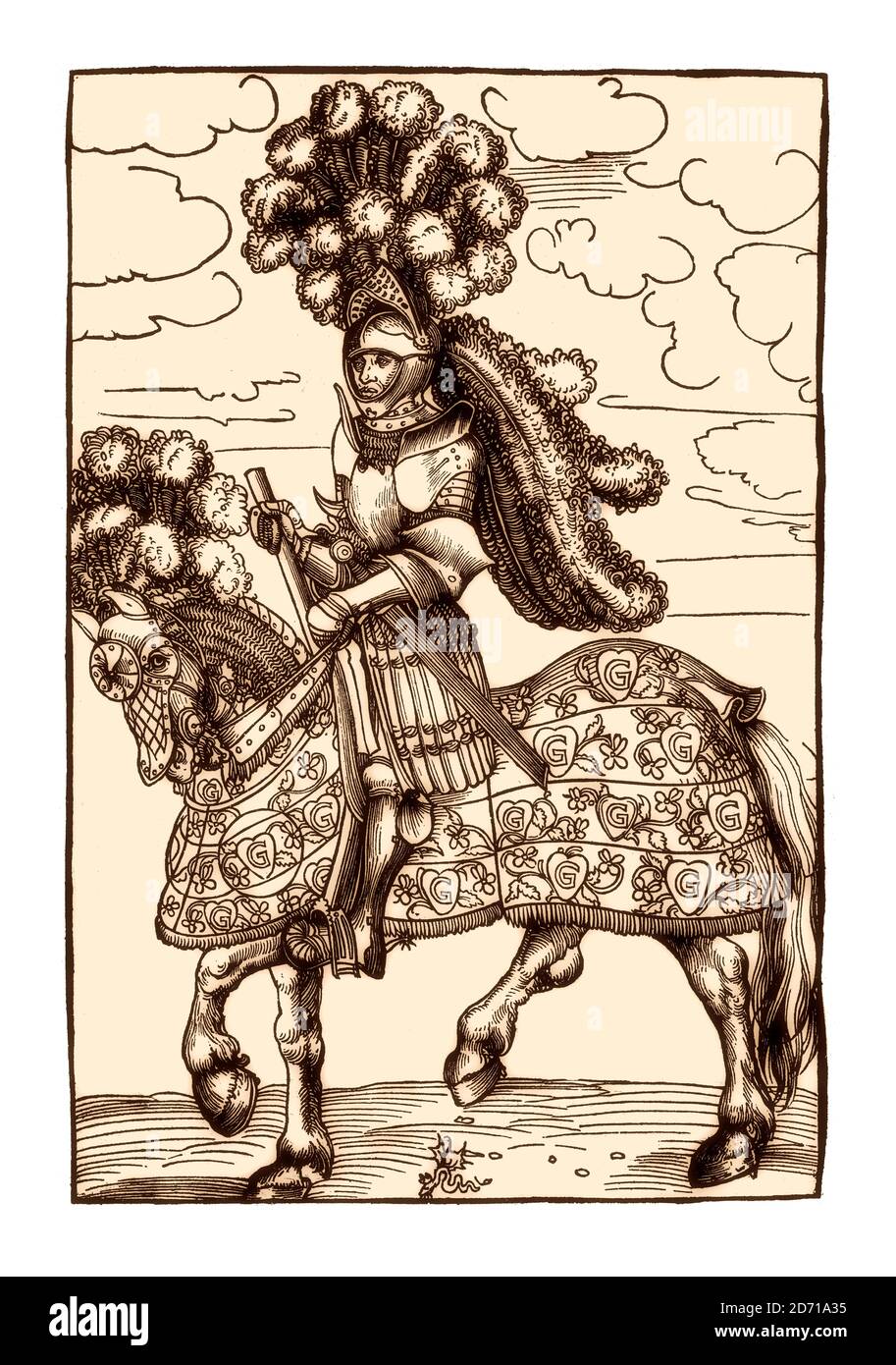 Ein Ritter zu Pferd in reicher Turnierrüstung von Lucas Cranach, Faksimile des 19. Jahrhunderts Stockfoto