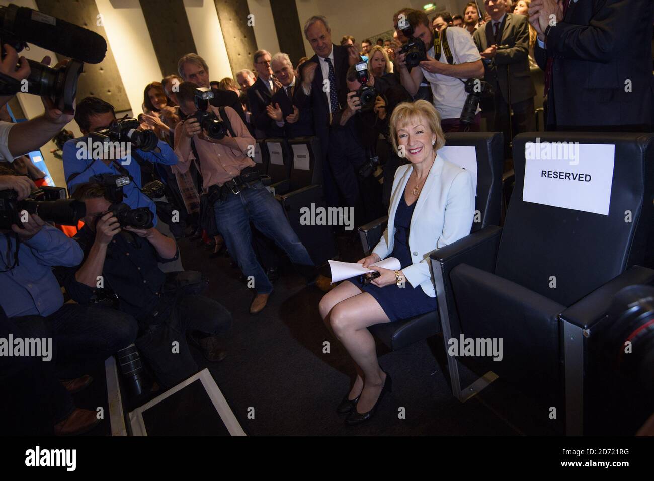 Andrea Leadsom nahm an einer Pressekonferenz Teil, um ihre Führungskampagne für die Konservative Partei in Millbank in London zu fördern. Stockfoto