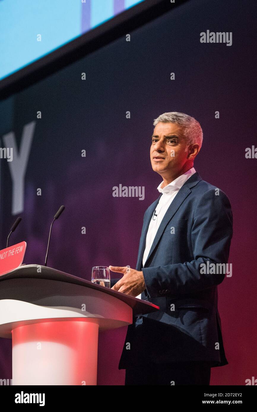 Der Bürgermeister von London Sadiq Khan spricht während der Labour Party Konferenz in Brighton. Bilddatum: Montag, 25. September 2017. Bildnachweis sollte lauten: Matt Crossick/ EMPICS Entertainment. Stockfoto