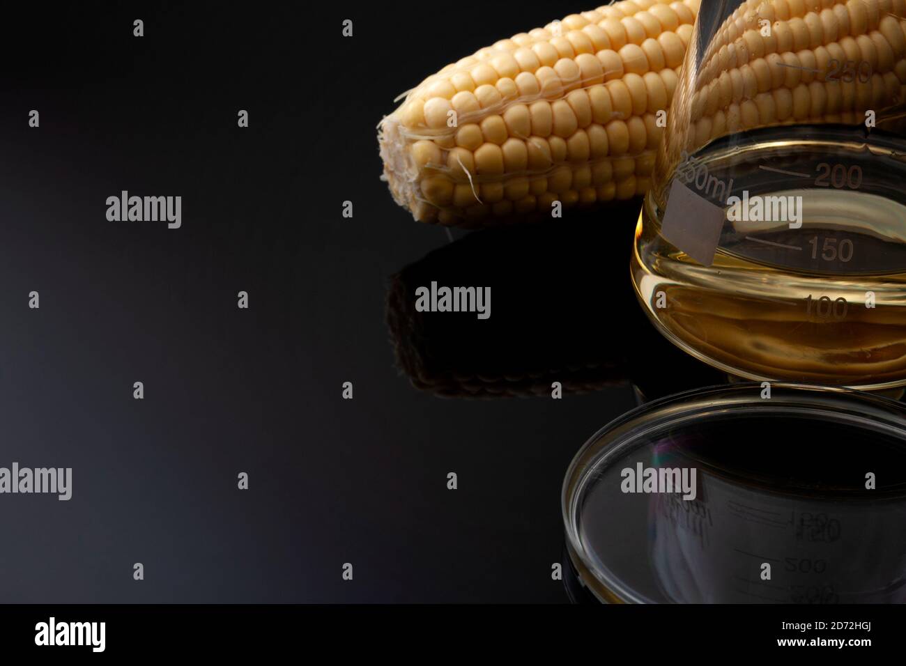 Ethanol als erneuerbarer Brennstoff, nachhaltige grüne Alternative zu fossilen Brennstoffen und Biosprit-Lösungskonzept mit Mais, Glasbecher und Petrischale isoliert Stockfoto