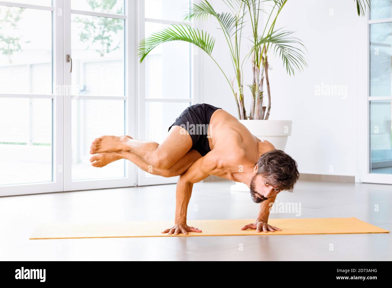 Muskulöser Mann, der eine laterale Bakasana-Pose ausbalanciert Hände und Arme mit Beinen zur Seite in einem High-Key-Turnhalle mit Copyspace in einer Gesundheit und fitn Stockfoto