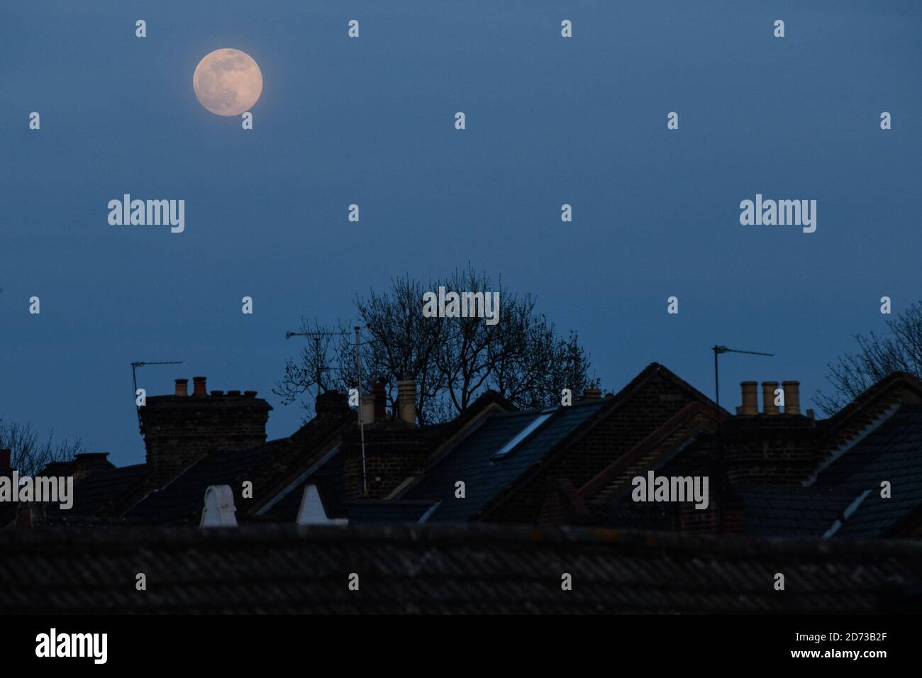 Ein rosafarbener Supermond erhebt sich über den Häusern im Norden Londons. Ein Supermond erscheint heller und größer als normal, da seine Umlaufbahn ihn näher als gewöhnlich zur Erde bringt. Bilddatum: Dienstag, 7. April 2020. Bildnachweis sollte lauten: Matt Crossick/Empics Stockfoto