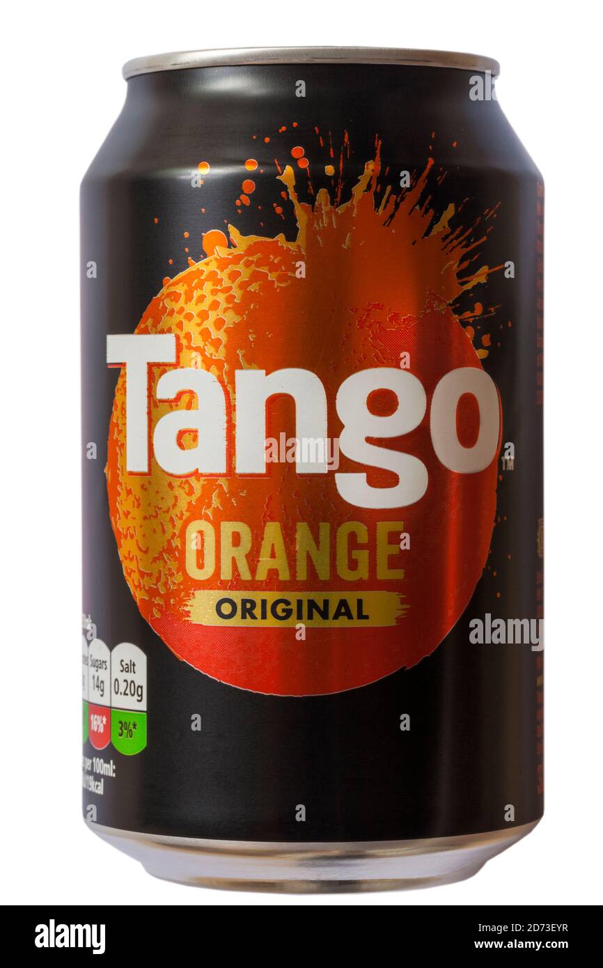 Dose Tango Orange Original Getränk isoliert auf weißem Hintergrund Stockfoto