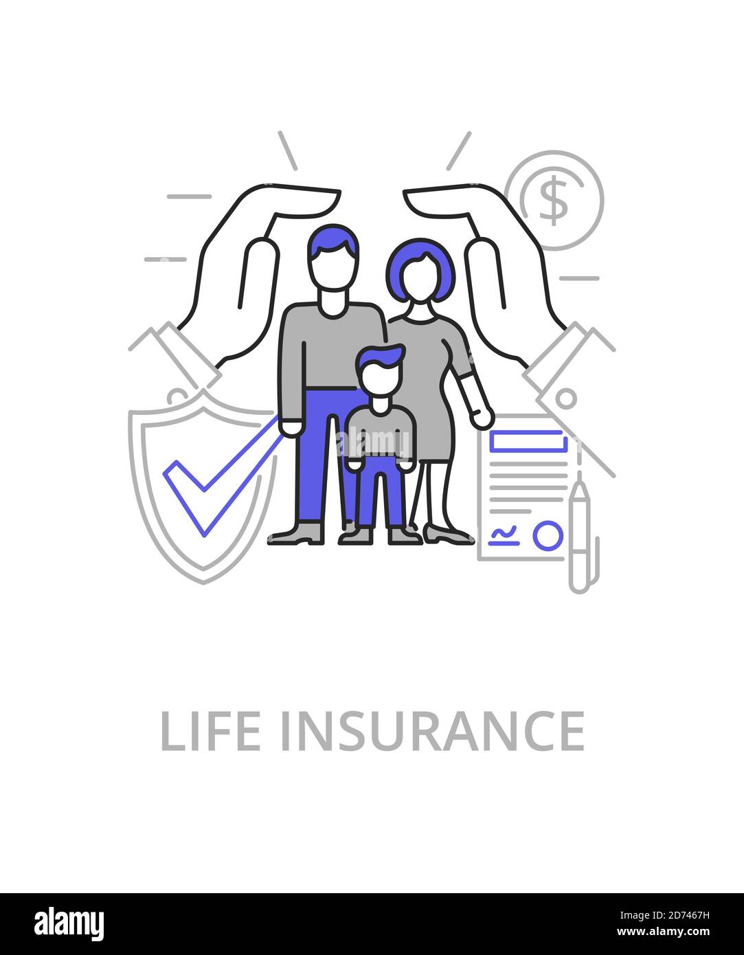 Lebensversicherung flache Linie Illustration im Trend-Stil. Komplexes Vektorsymbol und Konzept Stock Vektor