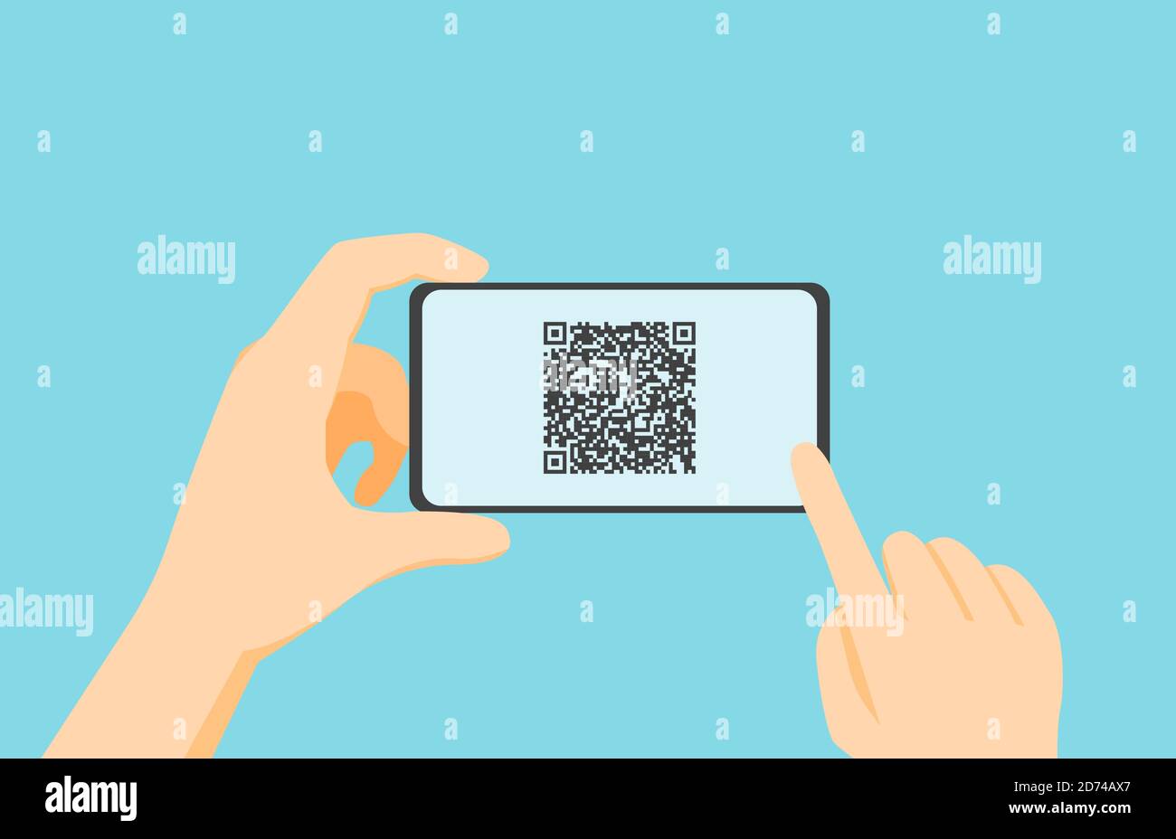 QR Illustration Code scannen, Hände halten das Telefon mit dem Code auf dem Bildschirm. Kann für eine Website als Landing Page verwendet werden Stock Vektor