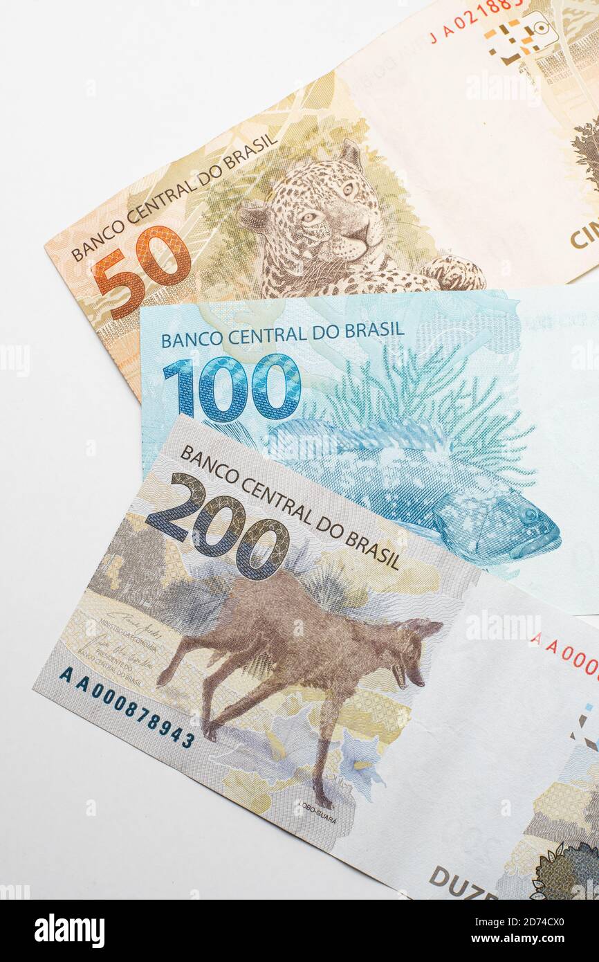 Rückseite der brasilianischen Banknote mit aufgedruckten Tieren. Brasilianische 200, 100 und 50 reais. Guara Wolf, Zackenbarsch und die gemalte Unze. Isoliert auf Whi Stockfoto