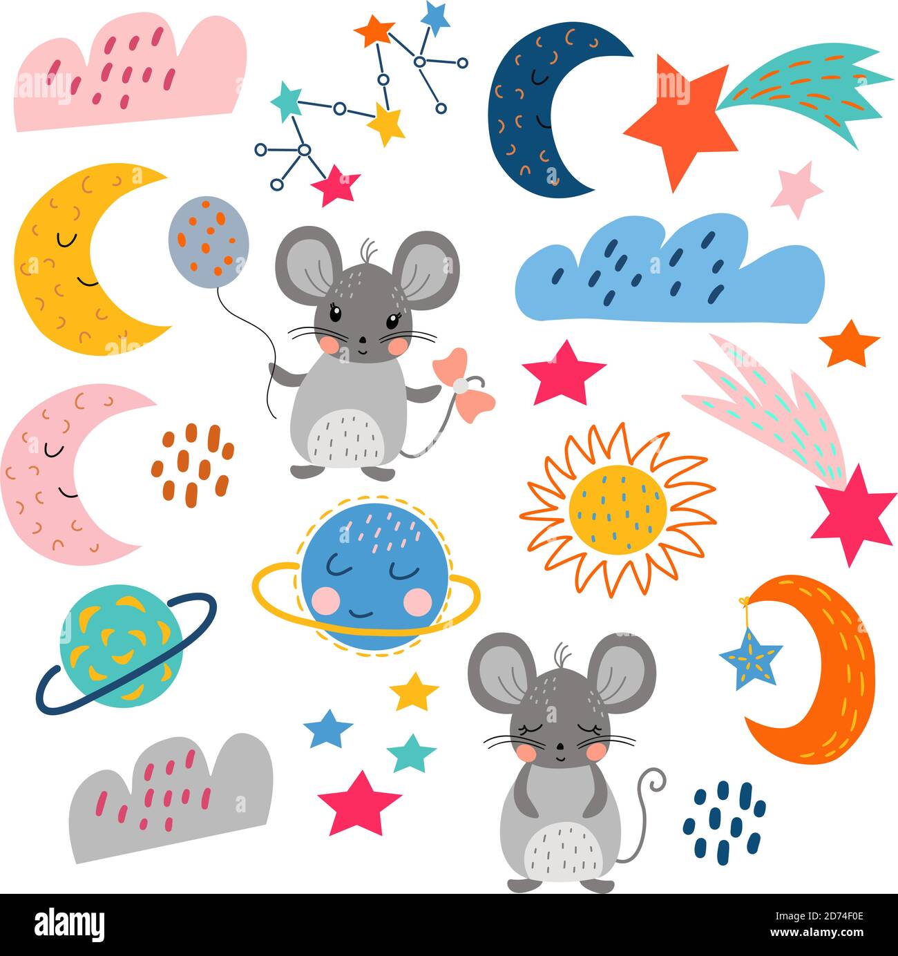 Set von niedlichen Cartoon-Elemente auf weißem Hintergrund, in Vektorgrafiken, schlafende Mäuse, Mond, Sterne, Wolken. Für die Gestaltung von Postern, Postkarten Stock Vektor