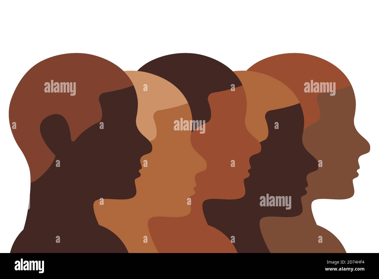 Illustration für afrikanische Menschen. Braune und schwarze menschliche Köpfe Profile in einer Reihe zeigen Vielfalt ihrer Hautfarbe. Linienkunst Stock Vektor