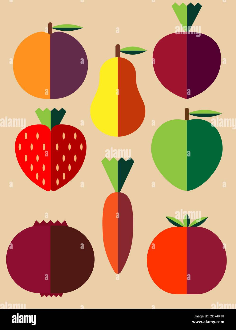Gemüse und Obst auf beigem Hintergrund im flachen Stil. Vegane Küche. Stock Vektor