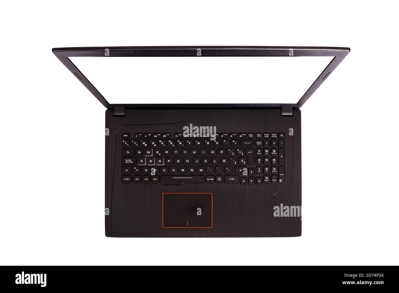 Schwarzer Laptop mit Bildschirm in 90 Grad isoliert auf weißem Hintergrund. Notebook mit leerem Bildschirm. Leerer Kopierplatz auf modernen mobilen Computern. Stockfoto
